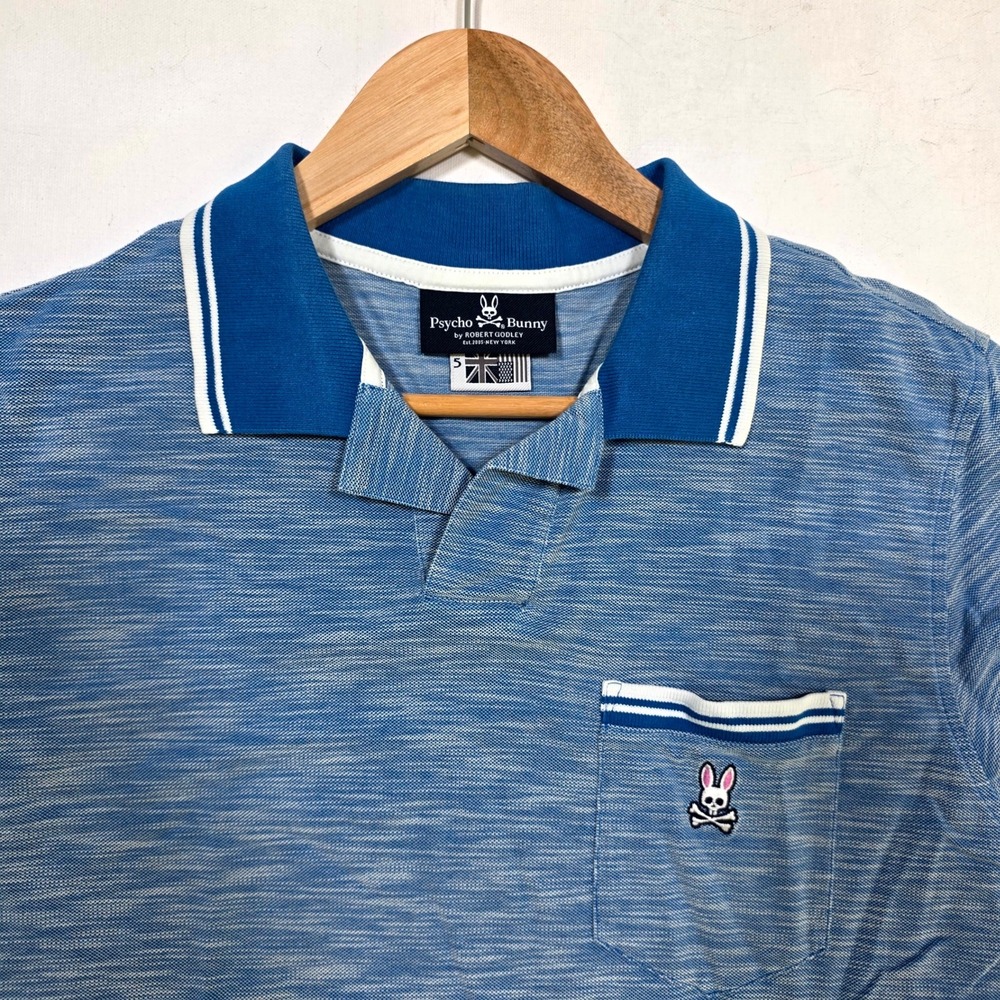 Psycho Bunny Polo Shirt Mens 5 Blue Space Dye Pima Pocket Bunny Skull Logo Golf